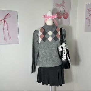 Vintage‎ 90s Argyle Checker Gray White Pink Sweater Acrylic Womens Medium